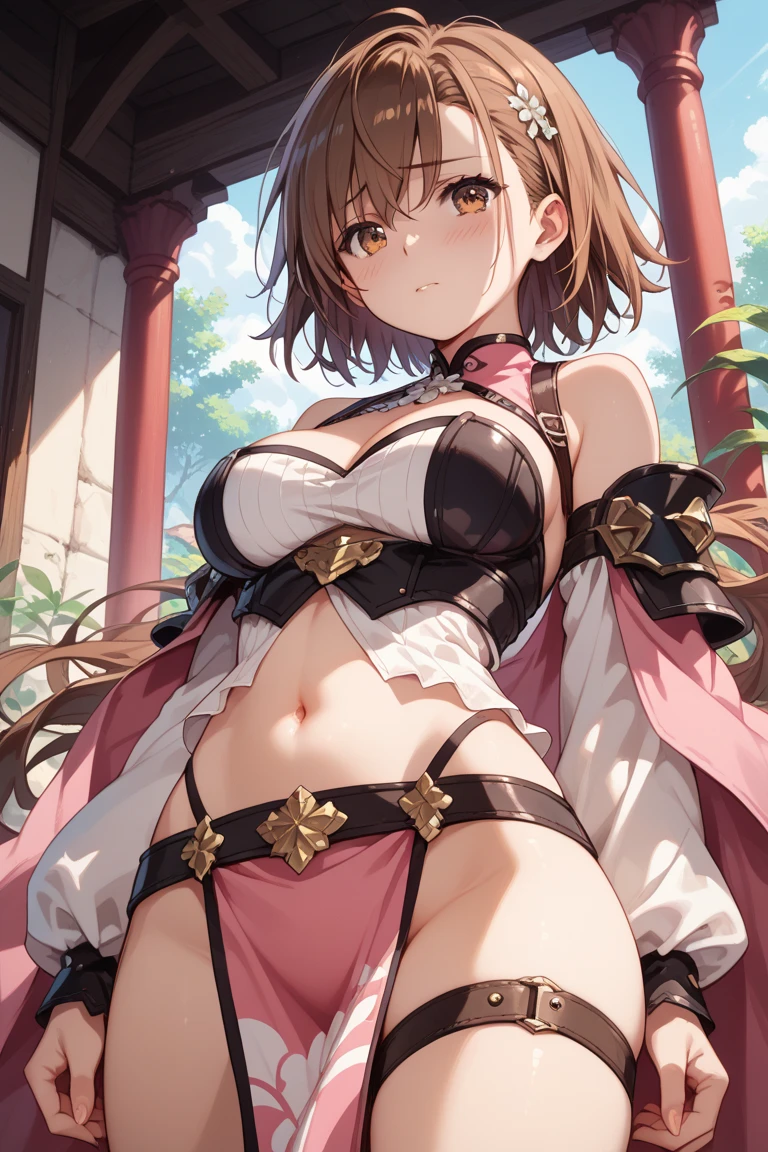hight resolution、​masterpiece、1girl in、Bjorf、A dark-haired、short hair with long locks、A slender、small tits、skinny thigh、a navel、Red Eyes、Transparent dress、see through dress、YD Type Dance Costume、red blush、embarassed expression、Low kick、Spinning kick、Fighting