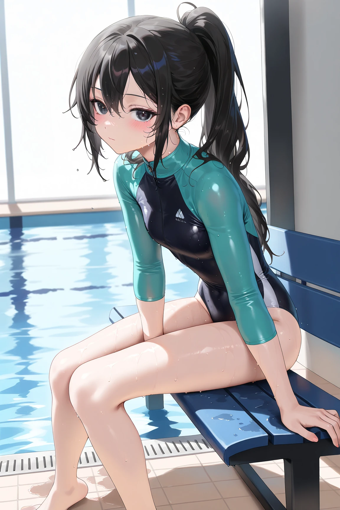 Masterpiece, beautiful lighting, detailed beautiful face, detailed beautiful eyes, high resolution, ultra-fine illustration, very delicate and beautiful, top quality, (:1.7), Solo, 30s,(Dark skin:1.5), (Black hair, blunt bangs ,Ponytail,Green colored eyes),, curvaceous, (shiny hair, shiny eyes, shiny skin), Smile, (Glowing skin: 1.2), , Thighs, covered navel, pelvic curtain, gloves, elbow gloves, armpits, smile, black thighs, looking viewer, earrings, thighs, squatting, arms up, under, blush, sweat, jewelry, thick thighs, gloves, bangs, arms behind the head, (competitive swimsuit), legs spread, lips parted, whole body, pantyhose, blushing cheeks, pool background, bright