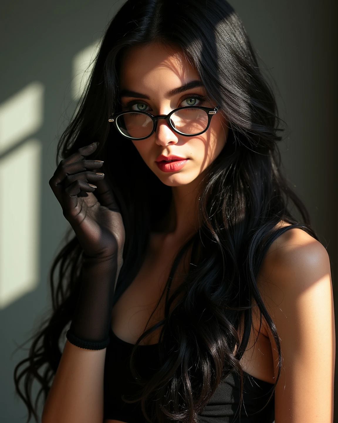 young woman, universitarian, 18 years, realistic photo of beautiful woman with black hair, straight hair, glasses, Russian, ultra-textured pale skin, blue eyes, no makeup, 4K, very detailed, cleavage, medium breasts