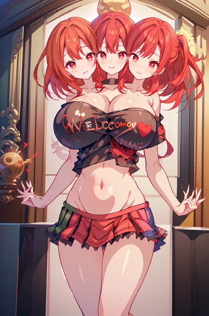 (masterpiece, best quality), best quality, (ultra-detailed), (3heads:1.5), 1girl, (hecatia lapislazuli:1.3), masterpiece, (high quality), (high resolution), (best quality:1.5, highres, UHD), highres, absurdo, ultra detail, ultra quality black top, crop top, ((stomach)), midriff, ((groin)), plaid skirt, miniskirt, multicolored skirt, normal ears, shackles, red hair, very long hair, wavy hair, sidelocks, red eyes, parted lips, open belly, sweat, cute, toned belly, hand on own chest, eyelashes, (24 year old woman:1.3), (masterpiece:1.5), (best quality:1.5), (beautiful detailed), extremely detailed CG, extremely delicate and beautiful, depth of field, (finely detailed face), (perfect details:1.2), (mature female:1.3), wide pelvis, slender, large veiny breast, 16k resolution, high quality, high definition, extremely detailed, masterpiece, best quality, red hair, long hair, alluring presence, twin braid, short skirt, close up, very big tits, huge tits, young, striped, earth (ornament), moon (ornament), girl with three heads, three headed girl, ((redhead)),
