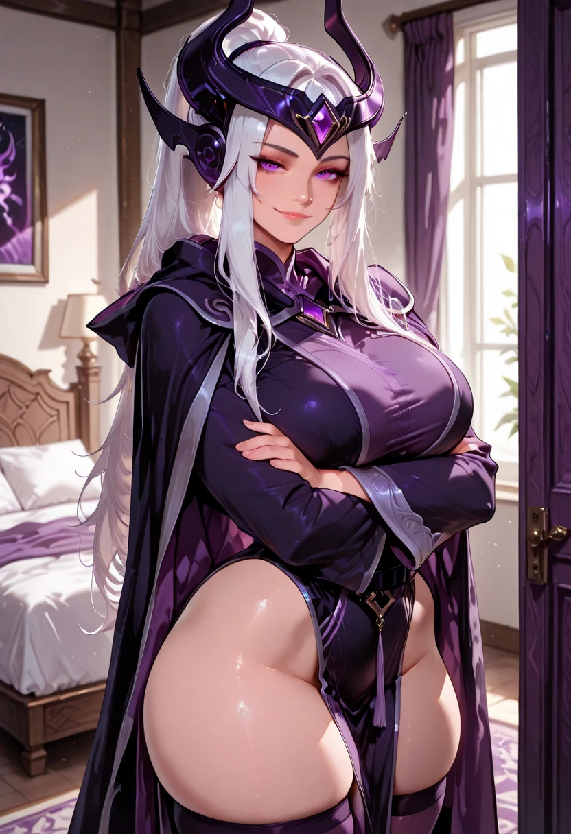 masterpiece, best quality, ultra detailed, dynamic angle, under view, NSFW, watercolor and oil painting fusion, hot black artwork, white line art, beautiful woman, 1 woman, older woman, black swan, beauty, perfect anatomy, perfect eyes, perfect fingers, perfect hands, anime girl, black high gloves, thick black stockings, sexy dress, tight, thighs, purple hair, seductive smile, room background, soft, seductive, hot, spicy,
