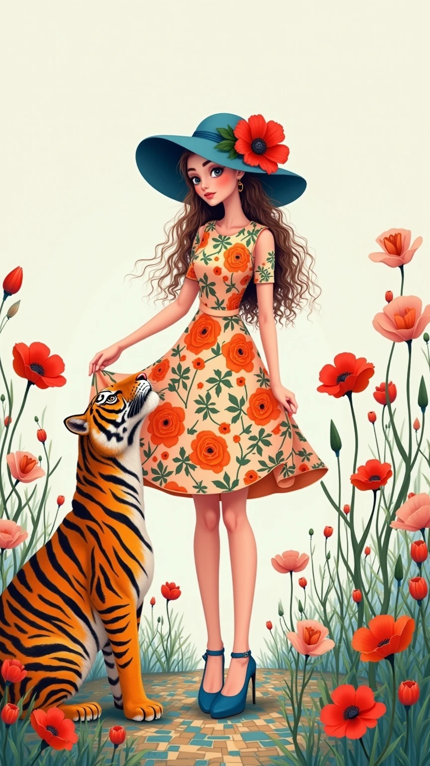 uma pintura mulher branca com cabelo vermelhos, vestindo um vestido estampa de leopardo