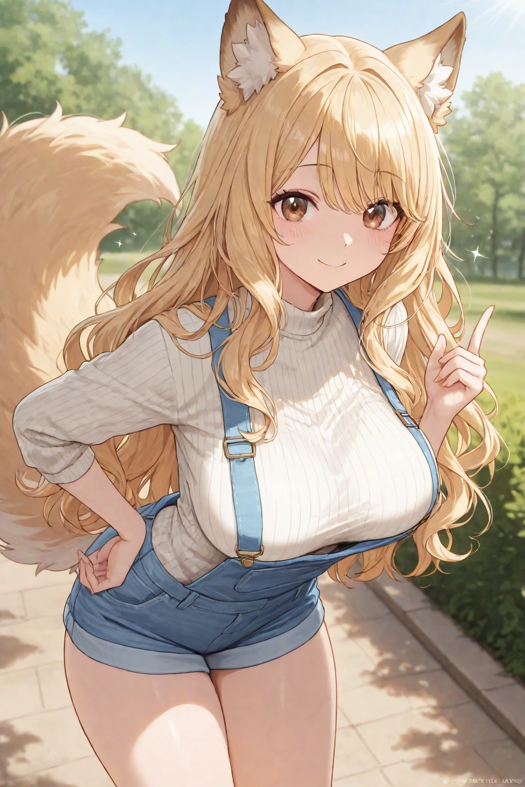 (( ภาพstraight face )) ((best quality)),  ((Masterpiece)), (details), Young woman ,cat ears ,yellow hair , beautiful girl hair , according to green  , Hot outfit, jeans skirt , bright , big breasts , Big butt, straight face , Don&#39;t turn your head., sexy, outpost