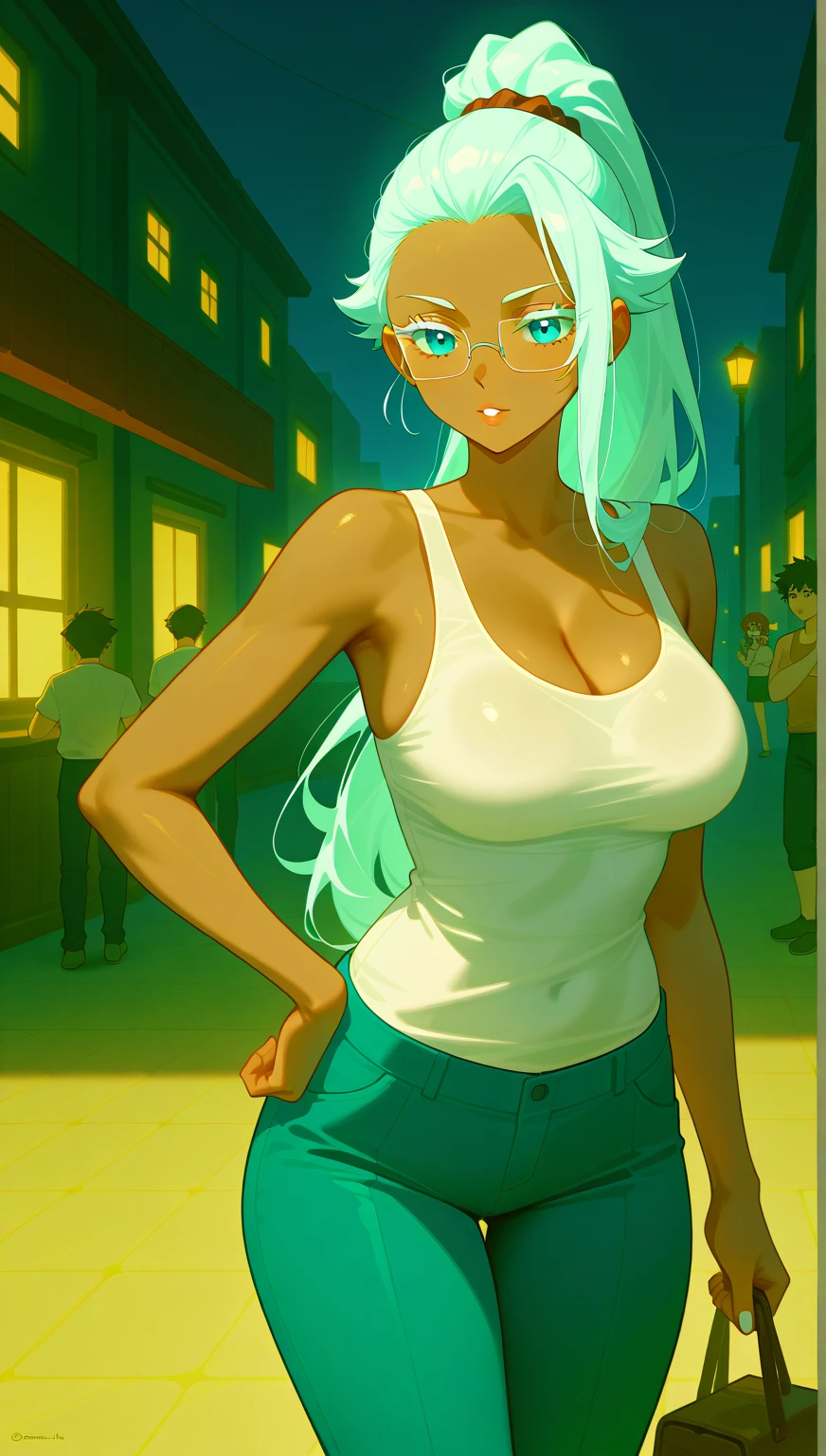 glowing green eyes, high-waist buttoned skirt, long high-slit skirt, green skirt, topless, hands covering chest, big chest, hair tied in a bun, white hair, dark skin, crowded country town