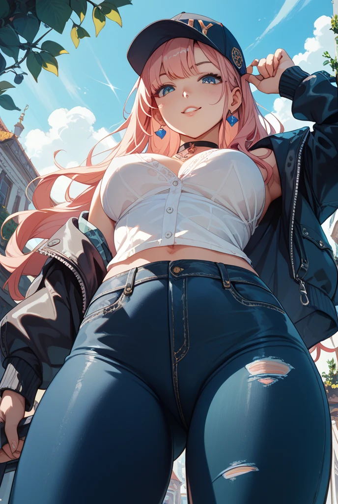 1girl, Angle from below:1.8, The girl bends forward to show off her breasts、legs apart, (Blade), (Tanned shiny white skin:1.6)、Glowing Eyes, ((Sexy evil grin)), (10 years old girl), rainbow color hair、Twin tails、forehead、breasts, pink rips, cape, ((((arabian white clothes, see-through)), (headband), ((ripped low rise jeans)), Jeans are open、small breasts, (jewelry))), ((City)), ((focus crotch)), (crotch), ((sneaker)), ((girl on top)), Angle to look up at the crotch、