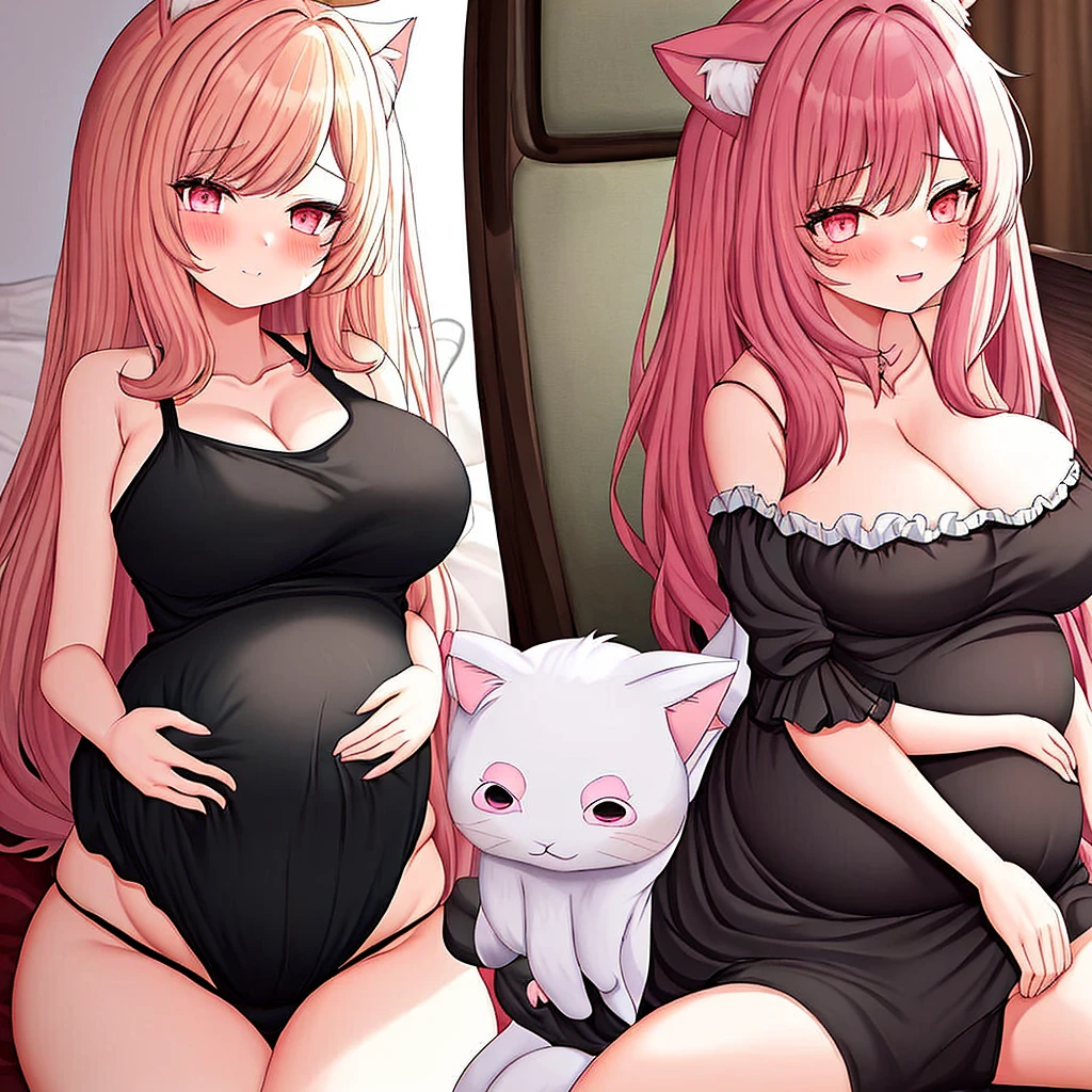 1girl, Sexy mature cat princess, masterpiece, intricate, sexy, beautiful, blush, nose blush, crown, embarrassed face, meek, cute, submissive, pregnant, (((bikini bodysuit))), gradient hair, catgirl, cat ears, cat tail