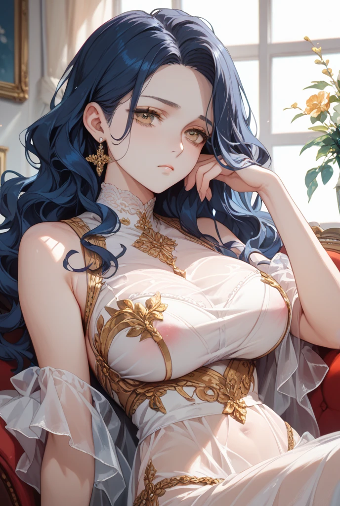 hair between eyes, long hair, blue hair, red glow eyes:1.1),
BREAK wearing sexy gown
BREAK looking at viewer in a embarrassed way,hand on hip, lustful face
BREAK (masterpiece:1.2), best quality, high resolution, unity 8k wallpaper, (illustration:0.8), (beautiful detailed eyes:1.6), extremely detailed face, perfect lighting, extremely detailed CG, (perfect hands, perfect anatomy),in a royal palace party, holding hands in back, wearing a round black glasses , a beautiful dimond necklace,milf