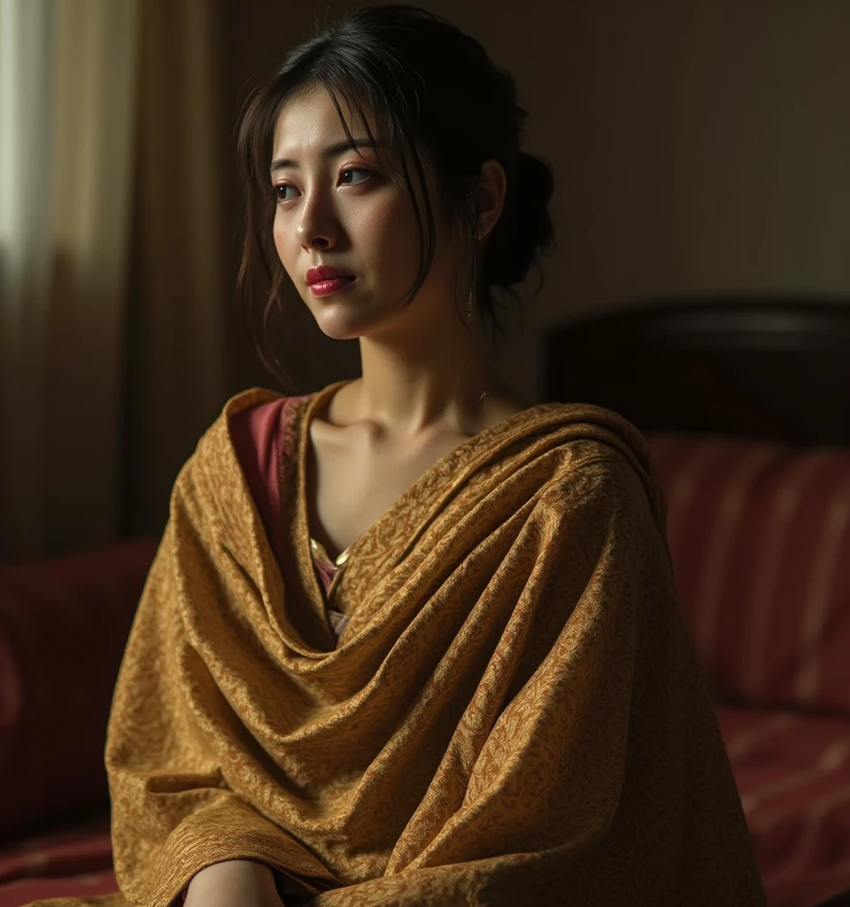 A woman in her 40s with long, loose hair, humble clothes and a sad face, with a turban, kneeling and praying in her room at home, very simple