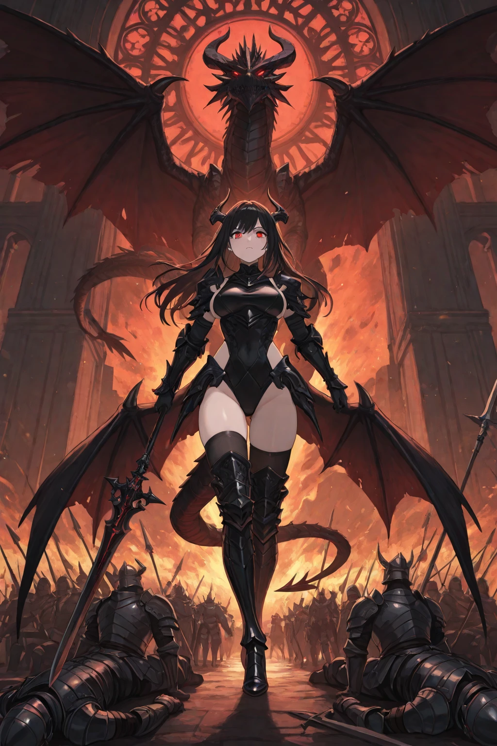 devil horns, angel wings, Halo, Glaring at viewer, slit pupils, cursed armor, chimaera, scorpion tail, ruins