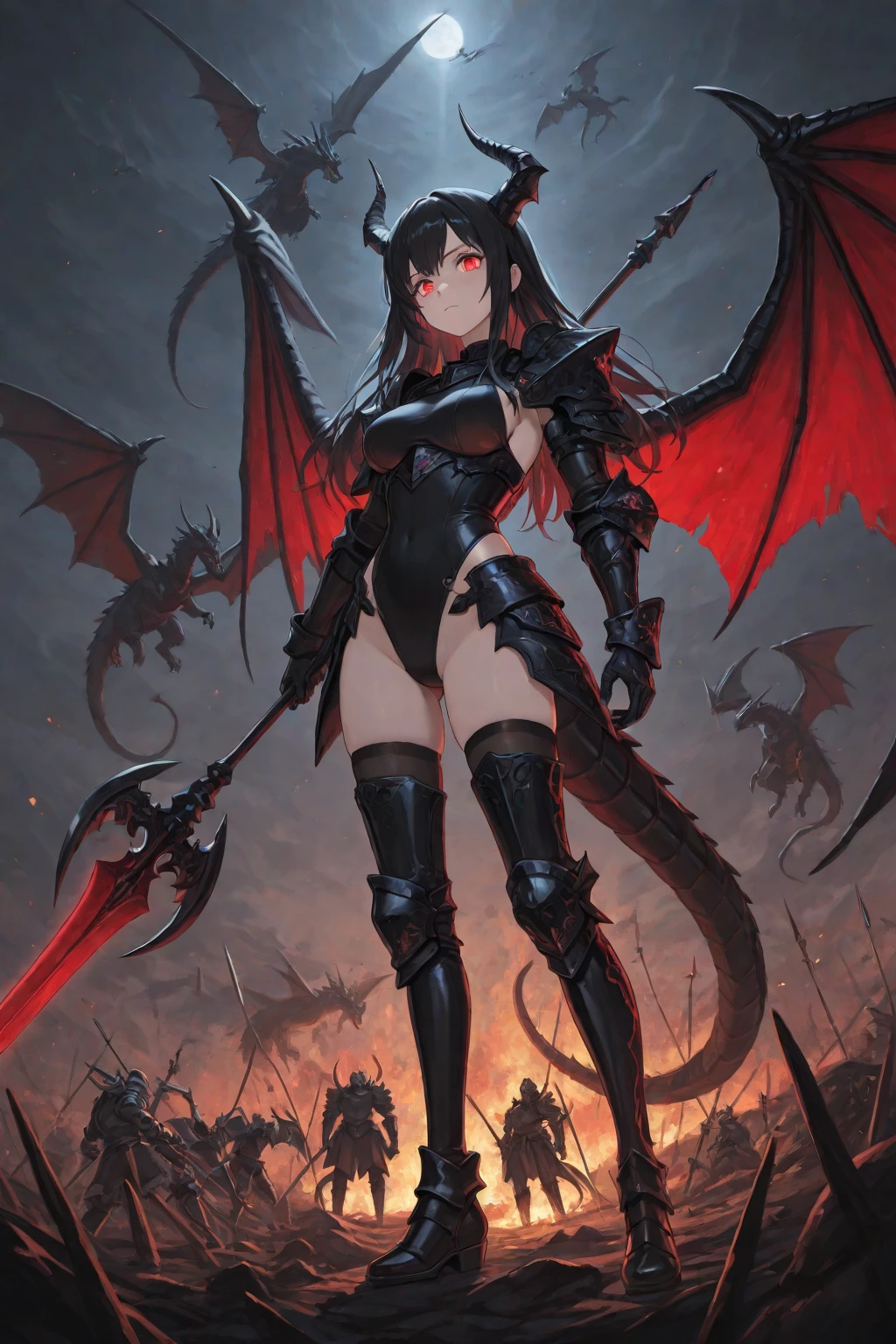 masterpiece, best quality, ultra-detailed, photorealistic, perfect slim fit body, thick thighs, nice breasts, a dark faerie, dragon wings, dragon themed armor with ancient runes and markings, holding up a lance, red and black, fierce, flying pose, futuristic city, cinematic, sky, clouds, city skyline, shot from above, late evening