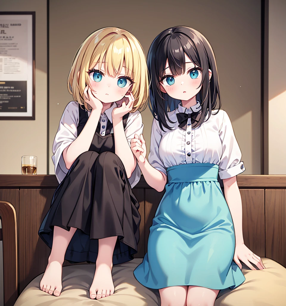 one girl, white blouse,hotpink striped panties,boobs,tall of a person,thin,sharp eyes, beautiful face,slender face,sitting with legs tucked under,hands between legs, flushed cheeks,cool,short bob,wave hair,gold hair,blue eyes,indoor,on the bed,masterpiece, extremely fine and beautiful, illustration, anime, black thick outline, licking each other