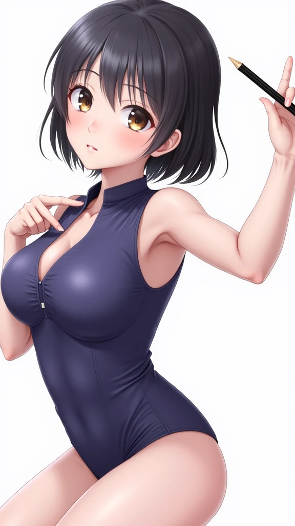 (beautiful detailed eyes, beautiful detailed face, perfect detailed body), mikictr, 1girl, solo, black eyes, short hair, closed mouth, lipstick, blush, large breasts, crop top, no bra, midriff, navel, upper body:1.5, standing, belt, blue short shorts, simple background