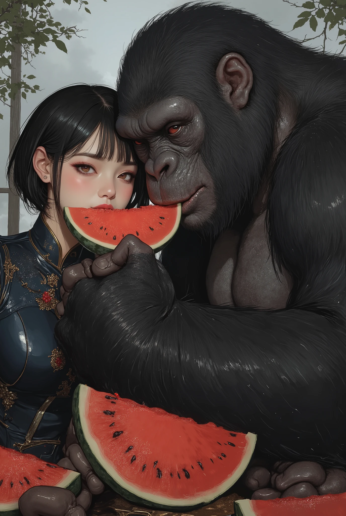 close-up、close-up、Oriental beauty with bangs and short black hair and a beautiful female gorilla are eating delicious watermelons