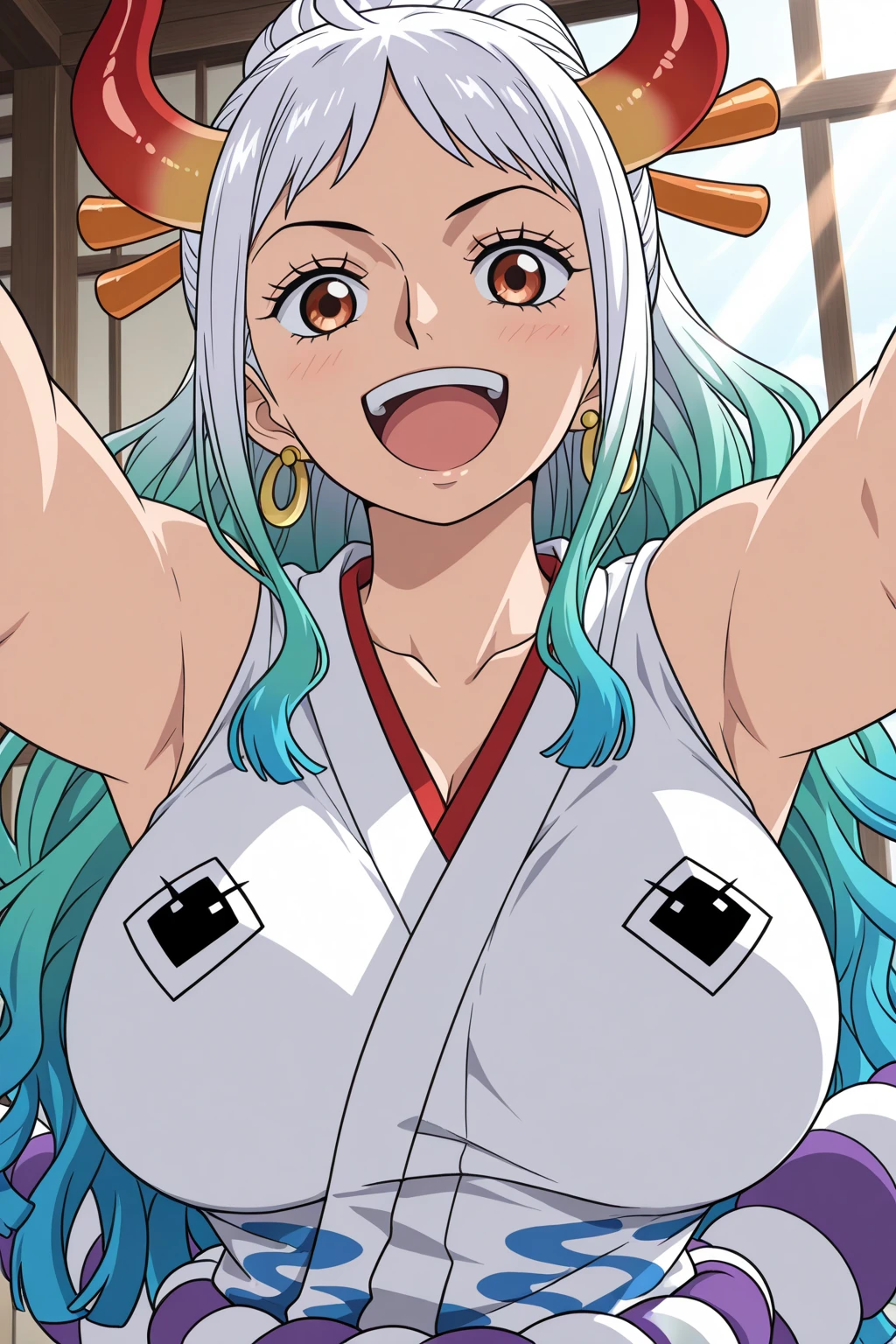 Yamato (wanostyle) earrings, hair stick, bare shoulders, japanese clothes, rope, sleeveless kimono, shimenawa, high ponytail, large breasts, multicolored hair, light green hair, horns, happy, fully nude, no clothes, 8k, milk stains on face, sweaty body, wet sperm on her face, blush, 1girl, double handjob, 2boys, penis, excessive cum, cum on body
