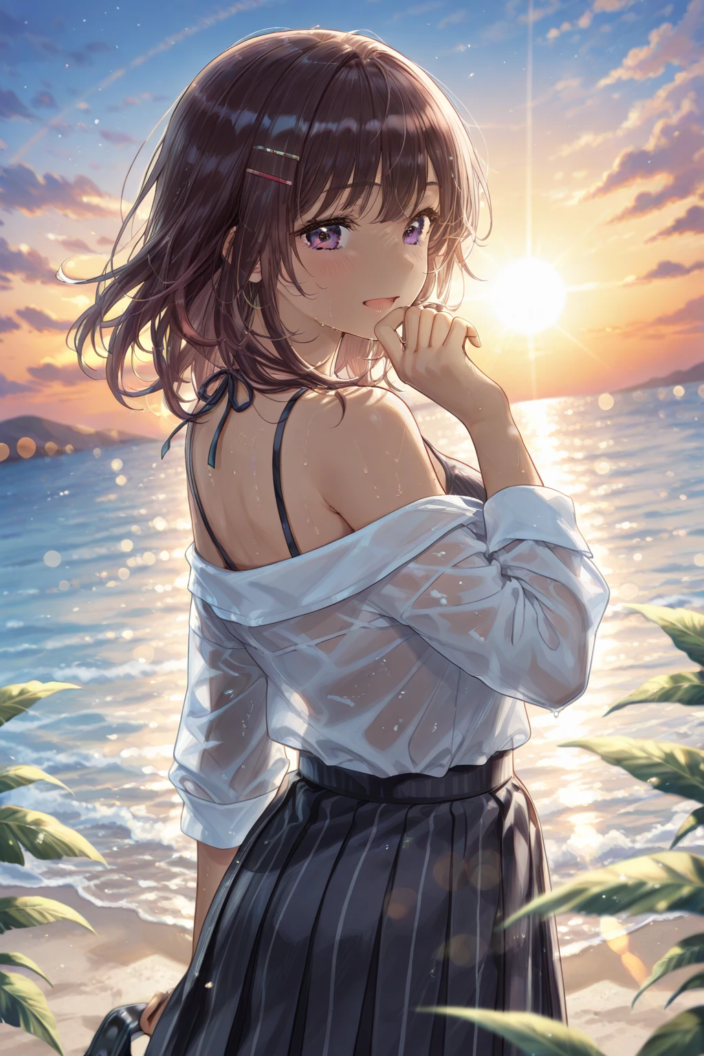 Official Art, ユニティ 8K 壁紙, Super detailed, masterpiece, Highest quality, One Woman, (Very detailed),(RAW Photos、Highest quality)、(Realistic、Realistic:1.3)、High resolution、顔のVery detailed複雑な3Dレンダリング、(Very detailed皮膚:1.2)、Dynamic Angle, Fire glow effect, Professional Lighting, Side light, Cinematic Light, 超High resolution, 8K , Film Grain,Best Shadow, Particles of light, Detailed skin texture, Detailed face, Intricate details, Super detailed, Shine, Remember、whole body, Sandy Beach、Beautiful Face、Baby Face、Blurred Background、Beautiful 16 year old girl、Shine肌、Short Hair、Beautiful black hair、Grey Eyes、Strong winds、Ocean、Sit on the embankment、(one piece)、Skirt fluttering、Panty shot、White panties are visible、
