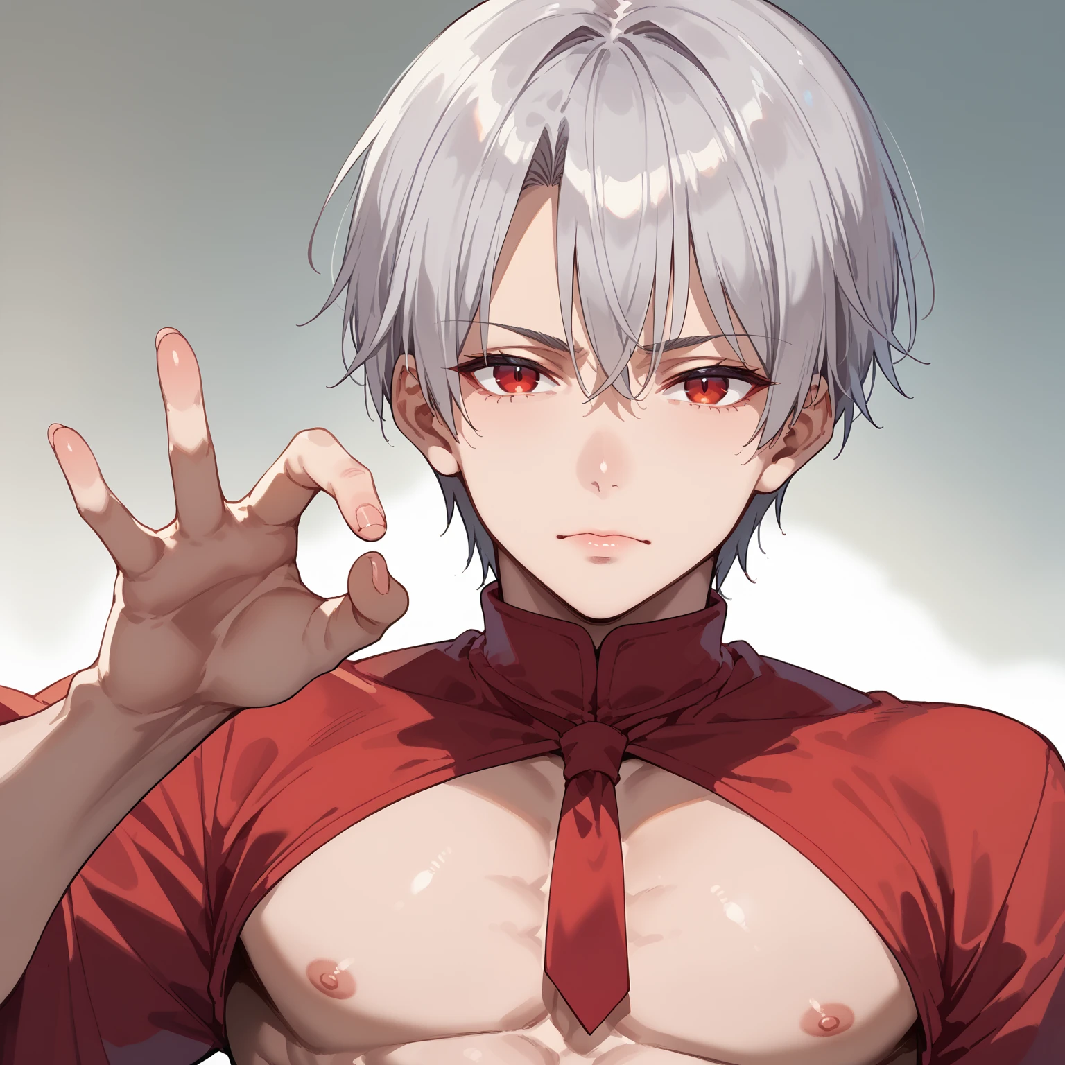 (japanese festival style) (16 yo, solo crew cut silver hair very short hair divine fighter boy, detailed cool red eyes, serious face, flat chest), (in a japanese fundoshi:1.8), break, (in the Hakata Yamakasa), BREAK, perfect anatomy, masterpiece, best quality, 16k, beautiful detailed grow, daydreaming expression.