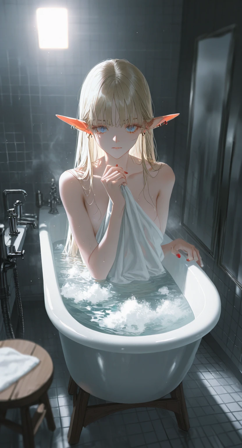 full size body picture of creepy albino elf girl with face scars, wearing full body swimming suit and oxygen mask, hovering underwater inside big human size laboratory jar for experiments, stop-motion animation, hyper realism, lo-fi bizarre, closed eyes, wet weaving hair, dark basement laboratory, wide angle photo,