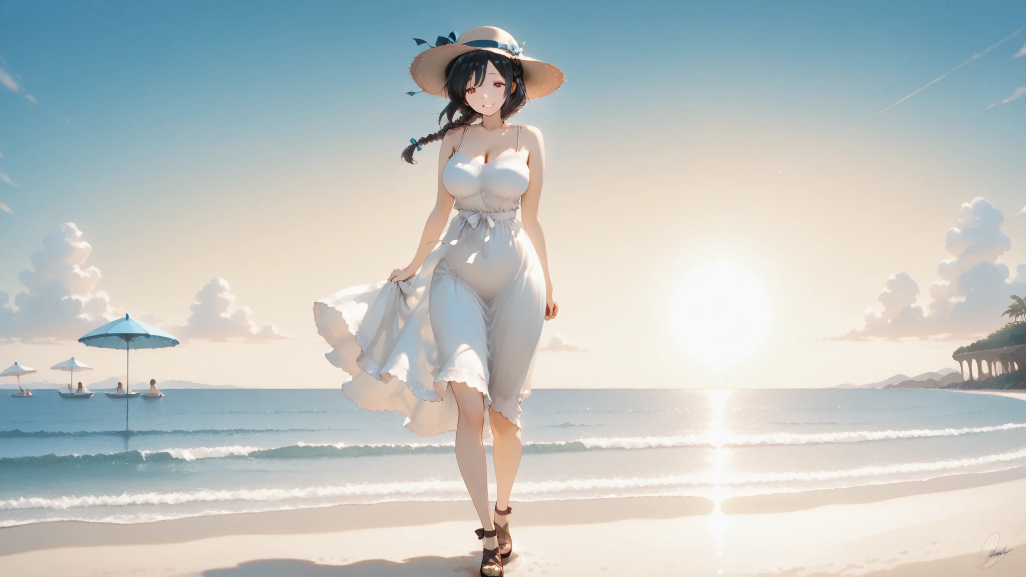 (masterpiece:1.2, best quality), (1lady, full body), Clothing: white flowy maxi dress, wide-brimmed hat, strappy sandals, Accessories: shell necklace, Hair: loose beach waves, Makeup: natural, glowing skin, Behavior: relaxed, carefree, free-spirited, Location: beach, resort, outdoor festival, red eyes,A beautiful geisha, beautiful girl, beautiful woman, perfect goddess, (hyperrealistic, photorealistic: 8K) hot girl, loose flowing hair, oily silky skin (well lit and detailed), hot, big breasts, fleshy lips, big ass, wearing a black kimono bikini sunglasses on the beach, jewelry and bracelets with sexy features (sunny day, perfect lighting),seductive pose, visible pubic hair, breasts visible, Sakimichan style art, oriental mandala tattoo,long curly black hair, floating antique clock, lamp ancient, splash,