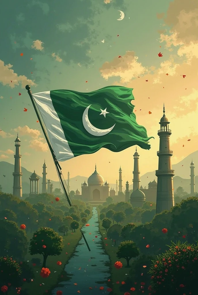 Draw me an acrylic painting highlighting Pakistan culture, flag and monuments
