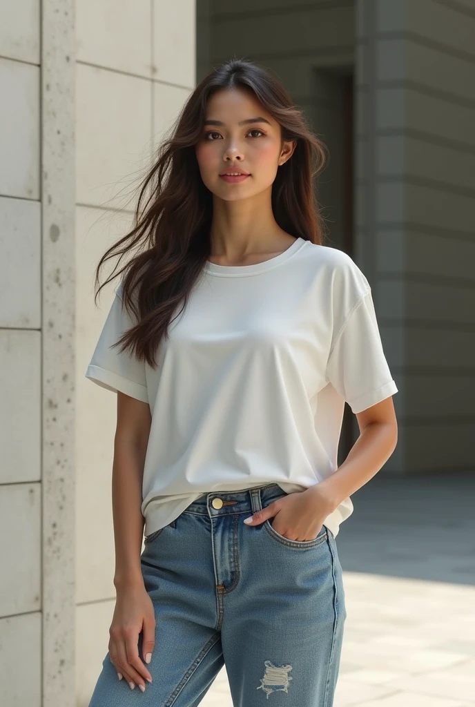 Japanese girl, beautiful, cute, 18 years old, 160 cm height, skinny, white t-shirt and jeans, in a garage, 