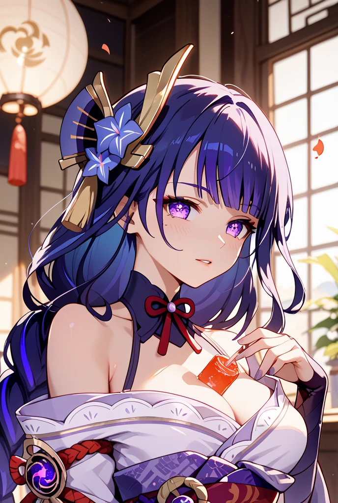 ((masterpiece,best quality)),(negative space:1.4),(1girl, solo:1.4),beautiful detailed eyes,floating purple hair with long braid, breasts, purple hair, short kimono, holding a cup of boba tea, upper body, closeup, big glass of bubble tea