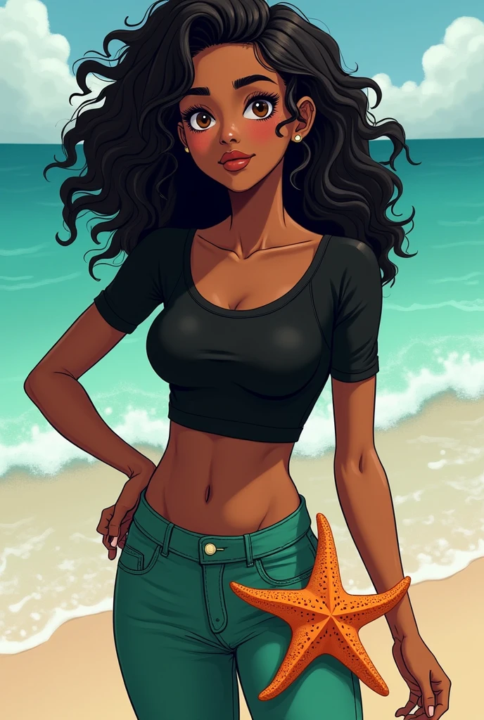 a naked girl, curly hair, slightly olive skin, with sun marks in the shape of a bikini