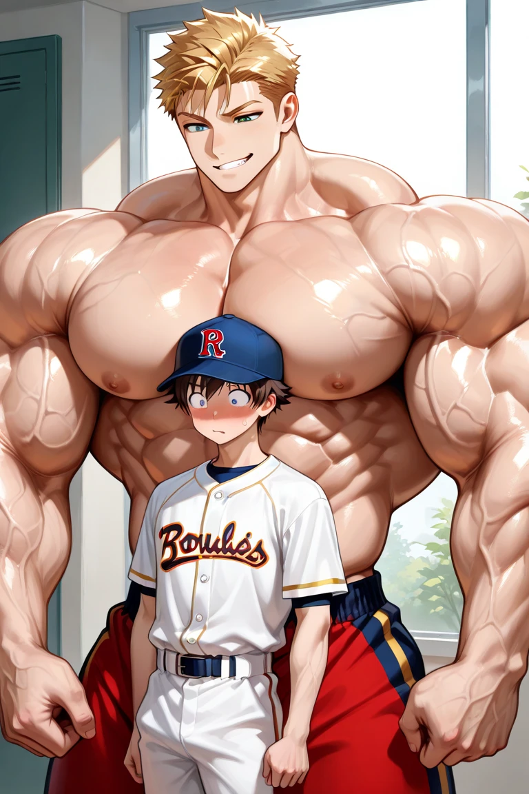 Ash Ketchum and from Pokémon and his long-lost twin brother flexing their biceps under hypnosis with glowing red eyes as they grow into big dumb sweaty hairy muscular football jock bros in a locker room. Hyper muscles. Massive muscles. Big biceps. Big triceps. Big traps. Broad shoulders. Big pecs. Bulging crotch. Hyper crotch bulge. Dumber and dumber. Blank stare with open mouth while saying, "I am a dumb jock.... I obey.... Dumber and dumber.... Yes, Coach.... Huhuhuhuh...." Slumped shoulders. Hypnosis. Brainwashing. Bigger and dumber jock bros. Assimilation. Transformation into big dumb muscular jock bros. Slumped shoulders. Massive crotch bulge. Bulging glutes. Thick stubble. Hairy armpits. Repeating triggers to be dumber and dumber each time they say them to think and focus only on growing muscle and being the perfect football jocks.