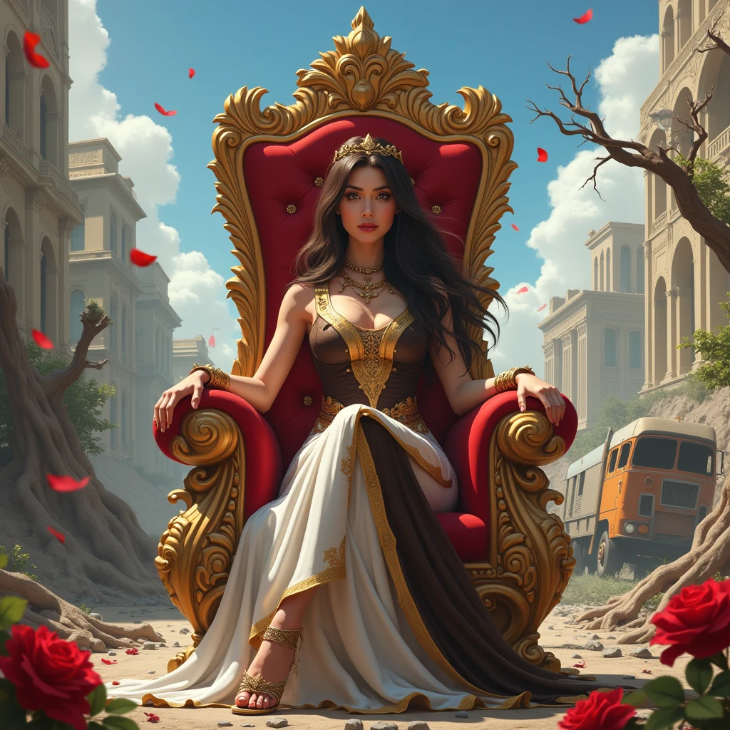 ((majestic goddess Venus:1.2),seated gracefully on a chariot, adorned with {(vibrant feathers:1.1),(resplendent crown made of roses and myrtle leaves:1.1)},hair flowing elegantly)