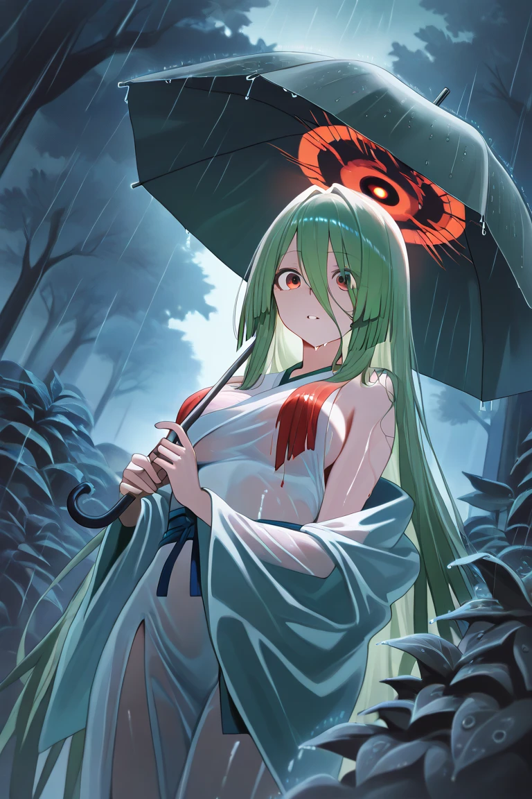 ((8k resolution))、((highest quality))、((masterpiece))、((Very detailed))((((dramatic))), (Anatomically correct)、The depth of the object to write、Looking at the camera、Captivating woman、front、Blindfold、lipstick、Spit sludge from the mouth、hair:green、naganami、Pale skin、Torn Kimono、Bloody、One dead tree、Stay close to the roots、spooky、an ominous、Grace、(theme、whole body:1.1), White Background