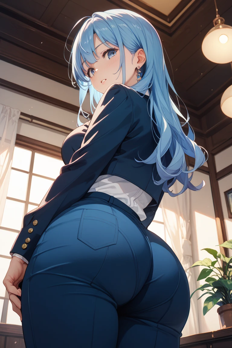 (melhor qualidade, obra de arte), 1 garota, capuz, Cabelo comprido azul claro, Rua, agachado, olhando para o espectador, gorro, saia, inventar, piercing, pantyhose,
