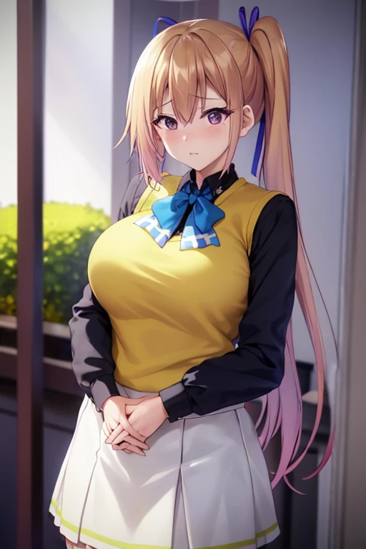 best quality, 32K,UHD, masterpiece, cowboy shot, BREAK, one girl, kawakami_mai, blonde hair, long hair, side ponytail, purple eyes, sweater vest, , skirt, large breasts, ribbon, hair ribbon, erect nipples, mole under eye, sexy woman, embarrassed, blush, vibrant colors ,natural lighting ,RTX, , beautiful, (detailed face:1.2), showcase, (perfect eyes:1.1) ,(photorealistic:1.1), BREAK , looking at viewer, underwear, a smile, embarrassed, Adults, dressing room, black panties, upturned skirt,(((crawling to viewer))).