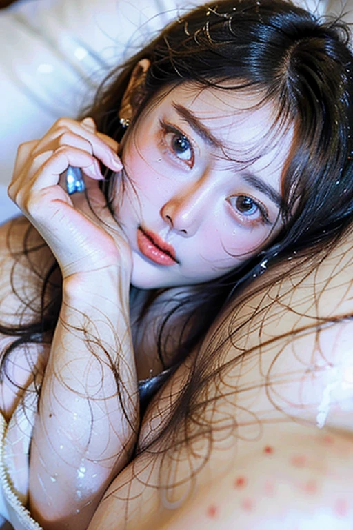 ((Listening to music through headphones))、 On the bed in my room、4K, Realistic,Very detailed、((Delicate painting)),(Detailed RAW photos of girls), (Masterpiece:1.25), (Highest quality:1.6), (Ultra-high resolution:1.5), (Realistic:1.75), 8K resolution,:1.6), Canon EOS R5, 50mm,Very detailedな,Cinema Lighting