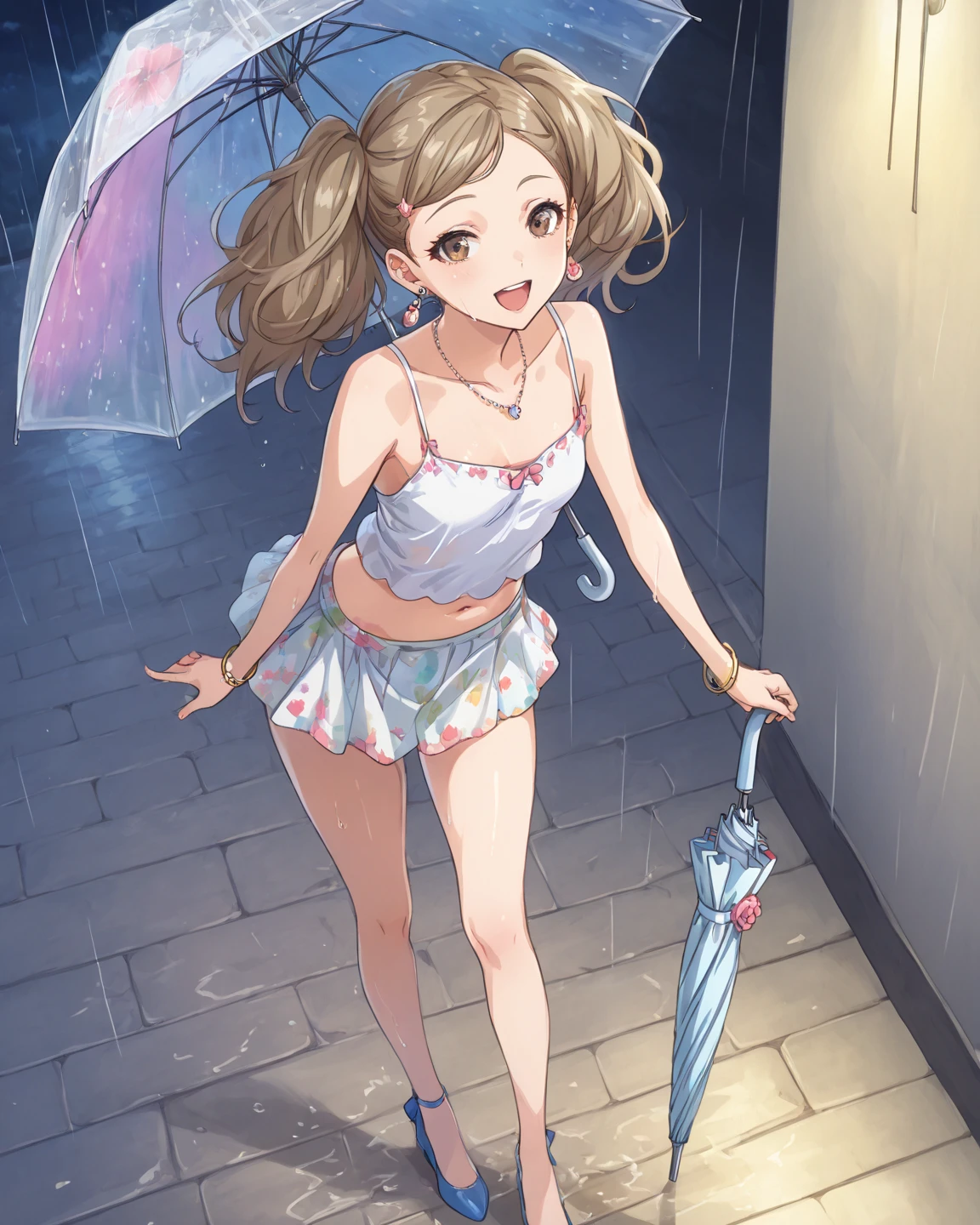 Lirilkaード, Lirilka, Animal ears, (Brown eyes:1.7), Brown Hair, (Flat Chest:1.2), happy smile, smile, Open your mouth,Sweat,Wet clothes,Wet skin short hair,White Tank Top,Belly button,Shorts,Cute Sandals ,Walking, break looking at viewer, whole body, break outdoors ,Residential Street, break (masterpiece:1.2), Highest quality, High resolution, unity 8k wallpaper, (shape:0.8), (Beautiful and beautiful eyes:1.6), Highly detailed face, Perfect lighting, Highly detailed CG, (Perfect hands, Perfect Anatomy),