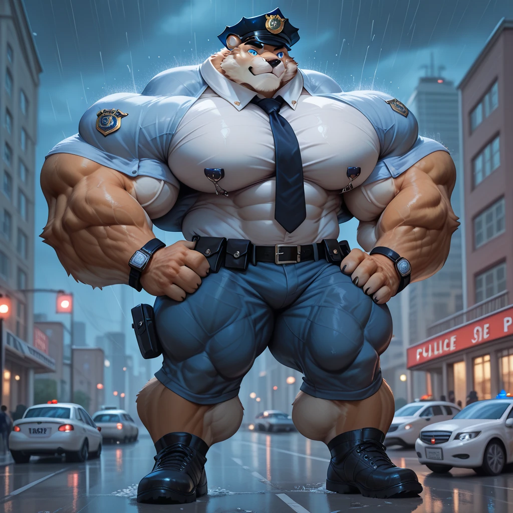 Solo, 1boy, perfect anatomy, perfect proportion, (chief bogo, police, police hat, park), topless, perfect center, sharp eyes, big eyes, peaceful, eyes, (smile, happiness), calm, perfect fingers, big hand, fingers. Huge Muscular Old man with short hair, shoes, (cargo shorts), view from side, pectoral, thick arms, huge pectoral, wide pectoral, white hair, white beards, simple background, masterpiece, semirealistic:1.2, high detailed, 8k, high resolution, perfect center, full view. ((really big muscle, massive muscular, sixpack, thick arms, wide pectoral, super huge muscle, hyper muscular, over sized muscle, huge arms, big arms, huge pectoral))