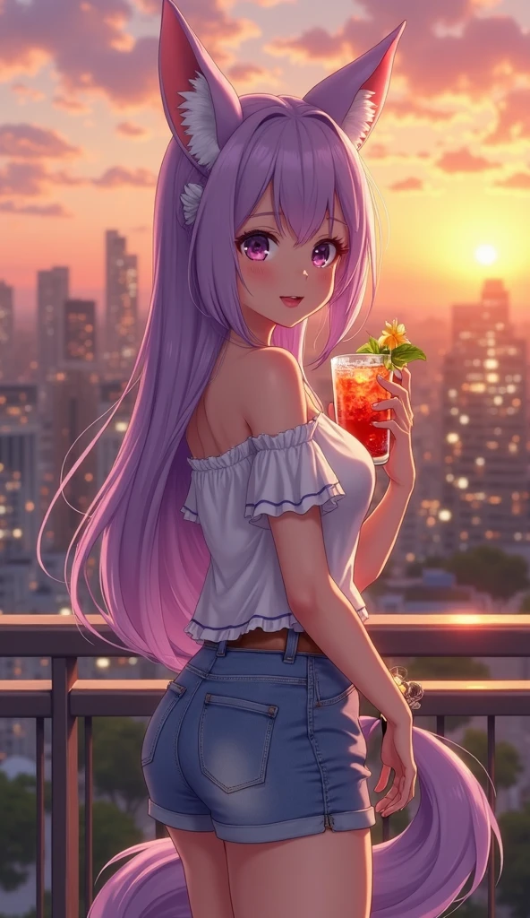 ((8k, Highest quality, masterpiece: 1.3)),Ultra-high resolution,(1 girl, alone), (Color changing eyes, Ultra-detailed, Expressive brilliance, Glitter, Glowing Eyes), Highly detailed eyes, Highly detailed face, Random Hair, ((pastel colour))A trendy rooftop bar at sunset, with city lights beginning to twinkle in the background. The woman is wearing a black off-the-shoulder top with light-washed, high-waisted mom jeans. She’s sitting on a barstool, her legs crossed, holding a cocktail glass delicately in one hand, and looking over her shoulder at the camera. Expression: A flirtatious, inviting smile. Details: Her hair is styled in loose curls, and a light breeze gently lifts a few strands. The sky is a beautiful blend of oranges and purples.