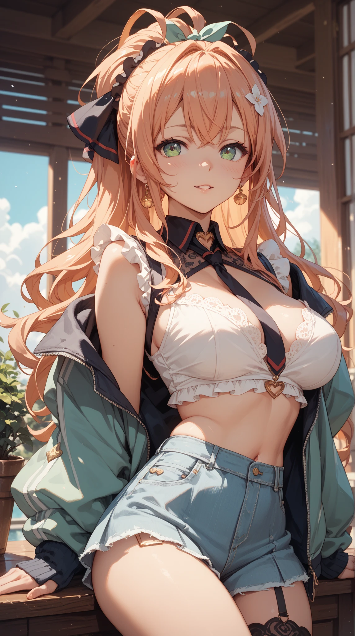 (cowboy shot: 1.5), (white background, simple background: 1.5), (masterpiece:1.5), (big breasts: 1.5), (1 girl: 1.5), young woman, (Beautiful Girl:1.5), (extremely detailed and delicate anime face and eyes:1.5), whole body, (natural light, HDR, extremely details CG:1.3), (dynamic posture: 1.3), {correct body anatomy}, (wide hips: 1.3), (perfect hands: 1.5), single focus, toned body, Beautiful Lips, thick lips, {surreal}, {correct posture}, {minutes details}, {detailed body}, {detailed clothing}, (Bright Eyes: 1.3), (cleavage: 1.3), {accessories}, {sexy}, (Gyaru: 1.5), Gal, (tanned: 1.5), (brown skin: 1.3), (school uniform: 1.5), high school student outfit, (shirt: 1.3), (tied shirt: 1.5), (navel: 1.5), short skirt, (pleated short skirt: 1.3), miniskirt, (plaid skirt: 1.3), (loose legwear: 1.5), (black legwear: 1.5), (high heel boots: 1.3), large hoop earrings, (ear piercing: 1.3), hoop earring, hairclip, jewelry, (hair ornament: 1.3), (bracelet: 1.5), too many accessories, (ring: 1.5), (eyeshadow: 1.5), flawless makeup, (choker: 1.5), necklace, (scrunchie: 1.3), (happy look: 1.5), (seductive smile: 1.5), (long hair: 1.5), (multicolored hair: 1.5), (gradient hair: 1.5), (two-tone hair: 1.5), (orange hair with blue and green streaks: 1.5), (orange hair: 1.5), (blue and green streaks: 1.3), (permed hair: 1.5), (side ponytail: 1.5), (wavy hair: 1.5), glowing hair, (ahoge: 1.3), (quiff: 1.5), (bright pink eyes: 1.3),