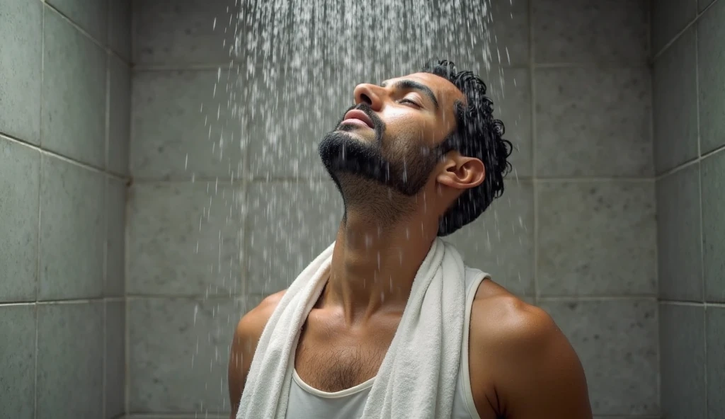 Homme brun qui prendre sa douche avec le corps couvert de goutte d'eau 