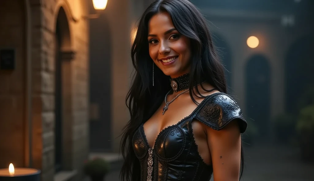 12 year old Latin girl. dark hair. dark eyes. , Brown leather, smiling, big bust. beautiful, typical medieval princess dress with deep neckline, whole body. 