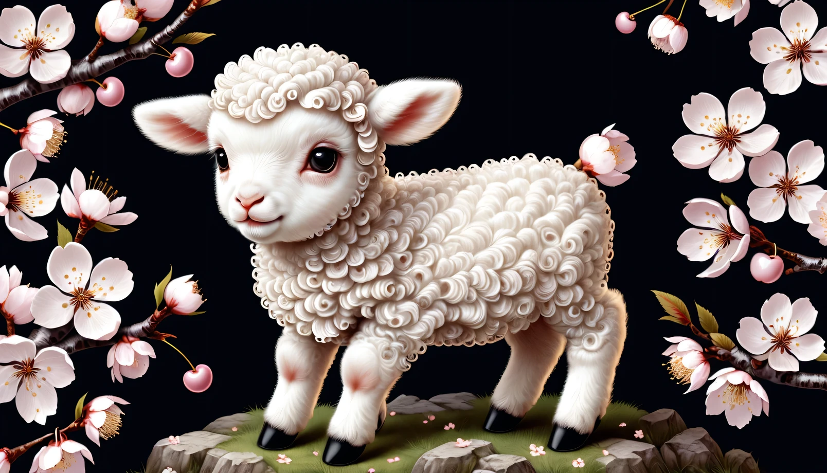 (Absurdres:1.2), exquisitely detailed Adorable white lamb (animal), 8k, cherry blossoms, illustration | ((More_Detail))