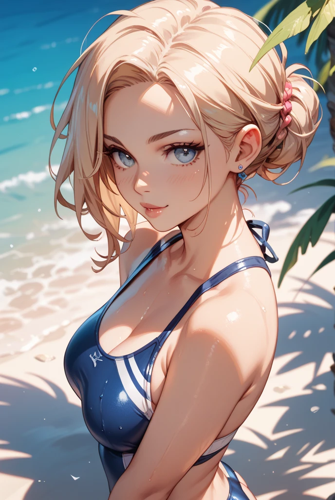 A wide-angle view of a seaside beach under a starry night sky with cumulus clouds partially obscuring the stars. A woman in her 30s stands with her back slightly turned, looking over her shoulder with a confident and slightly enigmatic expression. She is wearing a white patterned bikini with delicate details such as a necklace, earrings, and bracelet. Her blonde hair, styled in a short bob, is slightly tousled by the wind. The lighting is soft, with a mix of backlight and natural light that highlights her realistic, sun-kissed skin and toned physique. The background is a serene beach scene, with the vastness of the starry sky adding a fantastical and calm atmosphere. The focus is on her pose and detailed features, reminiscent of a classical painting with a Ghibli-style color palette and an emphasis on realism and charm.masterpiece, Highest quality, Anime Style,
