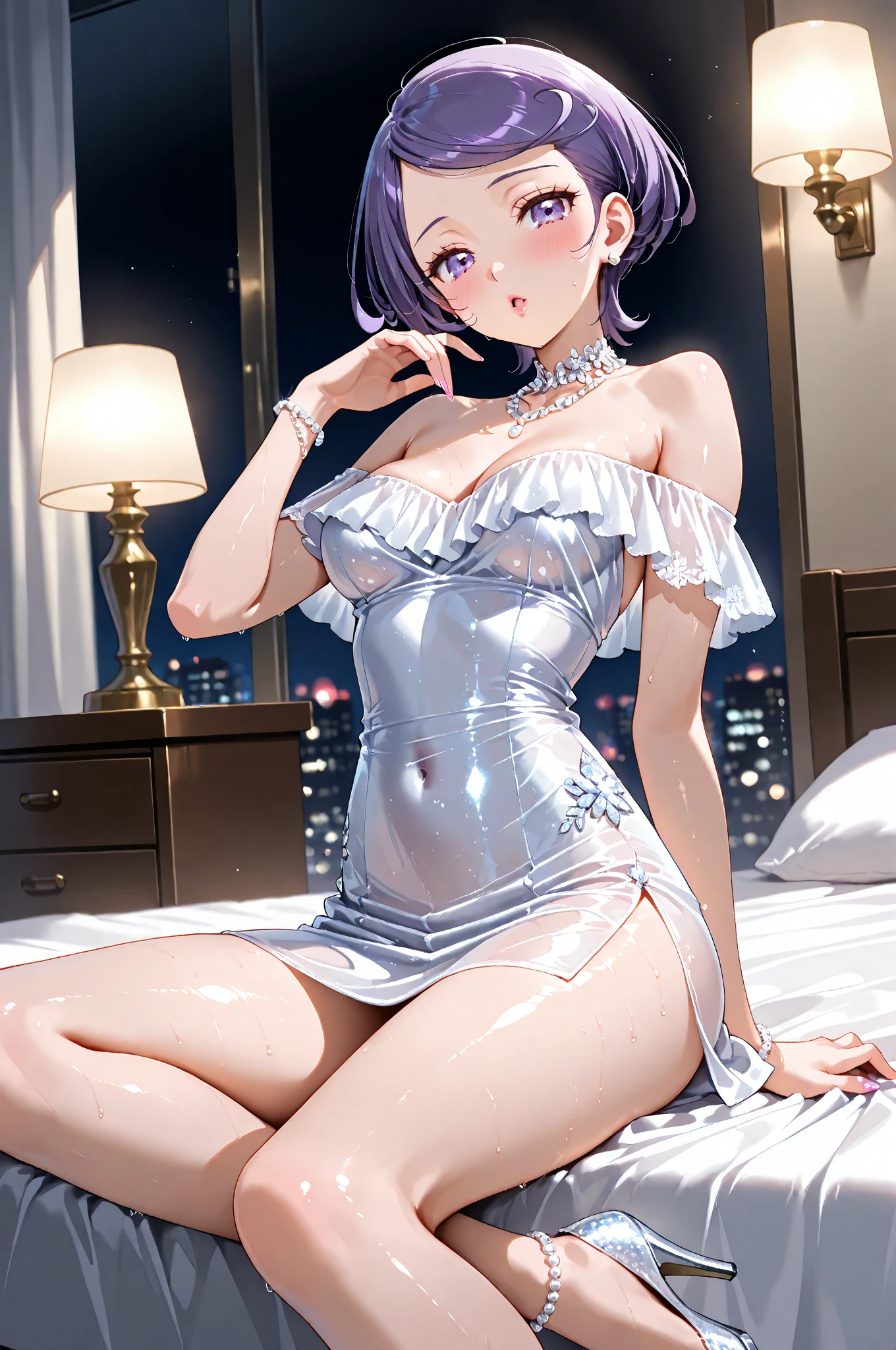 Best Quality,High resolution,8K,finelity detailed background,Masterpiece:1.2),beautiful girl,Shiny purple hair,bob cut,blunt bangs,Purple Eyes,Gentle look,A refreshing look,smile,Best quality,Best Quality,Aesthetic and aesthetic:1.2,Best details((Super detailed))(High-definition CG illustrations),Upper Body, White underwear,(white intricate lace),Slender body,morning,sunlight,Bedroom,On the bed,smile,blush,cute,Scrounge,Looking up,Being spoiled,super model,wariza,shoot from,below