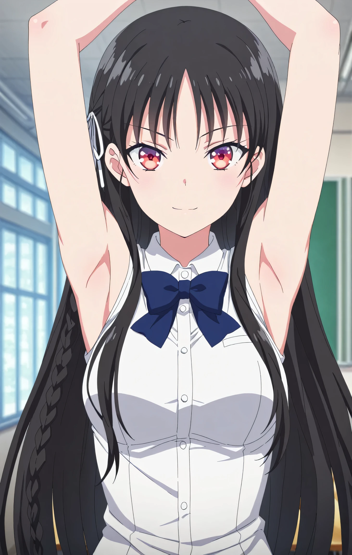 masterpiece, best quality, amazing quality, anime screencap, anime coloring, blurry background, 1girl, solo, suzune horikita, horikita suzune, long hair, black hair, red eyes, hair ribbon, braid, medium breasts, blue bow, white sleeveless shirt, collared shirt, buttons, bare shoulders, arms up, raised arms, armpits, armpits focus, head towards viewer, (looking at viewer:1.1), light smile, closed mouth, indoors, school