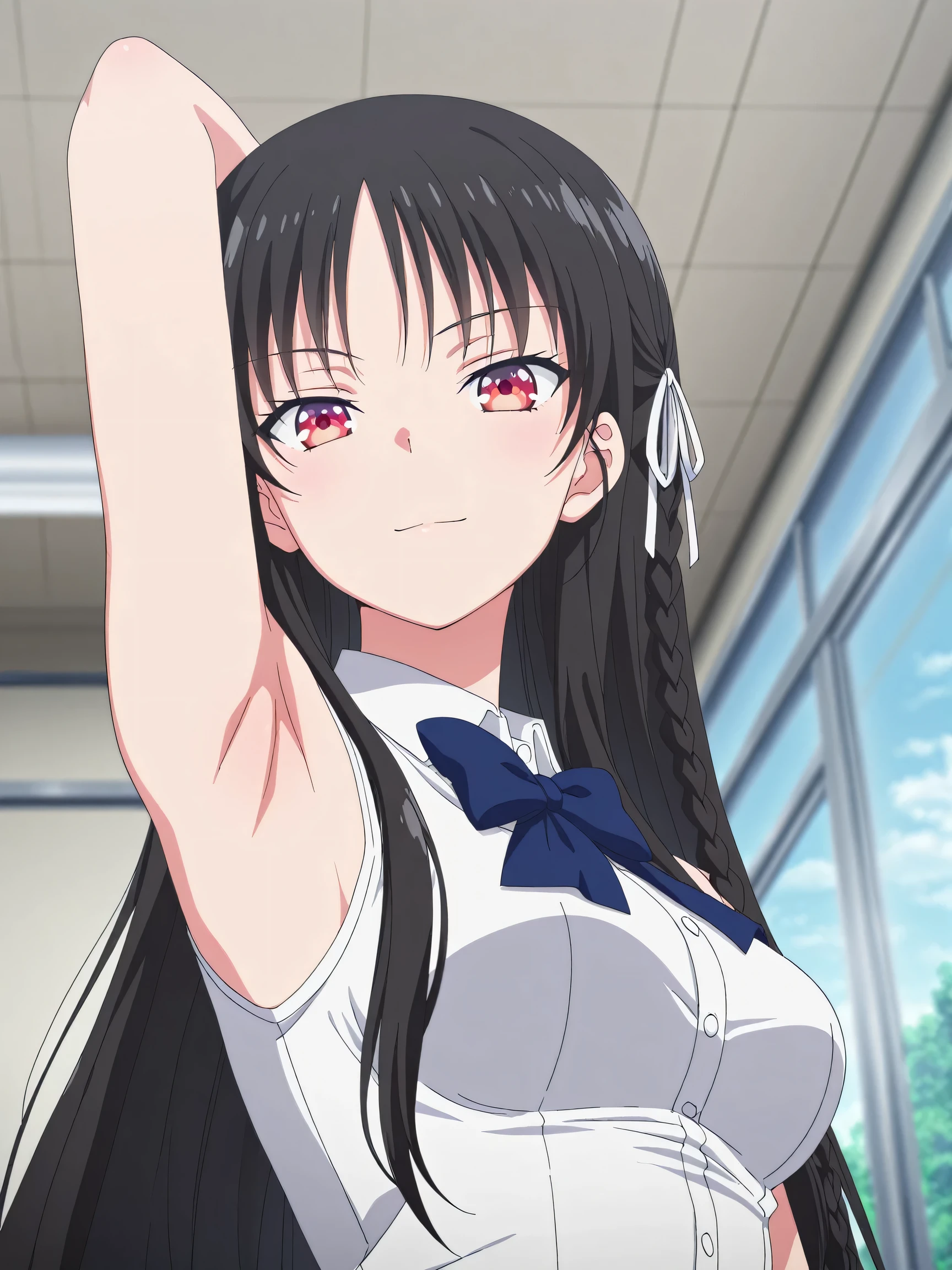 masterpiece, best quality, amazing quality, anime screencap, anime coloring, blurry background, 1girl, solo, suzune horikita, horikita suzune, long hair, black hair, red eyes, hair ribbon, braid, medium breasts, blue bow, white sleeveless shirt, collared shirt, buttons, bare shoulders, arm behind head, armpit, armpit focus, head towards viewer, (looking at viewer:1.1), light smile, closed mouth, indoors, school, from side, from below