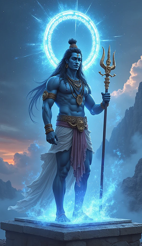 A drawing of a man holding a spear in his hand., god charming angel, Hindu Cyborg Gods, Hindu Aesthetics, Legendary god holding a spear, indian god, Poseidon, แรงบันดาลใจจาก Kailash Chandra Meher, beautiful male angel of death, a massive celestial giant god, 4k fantasy art blue eyes