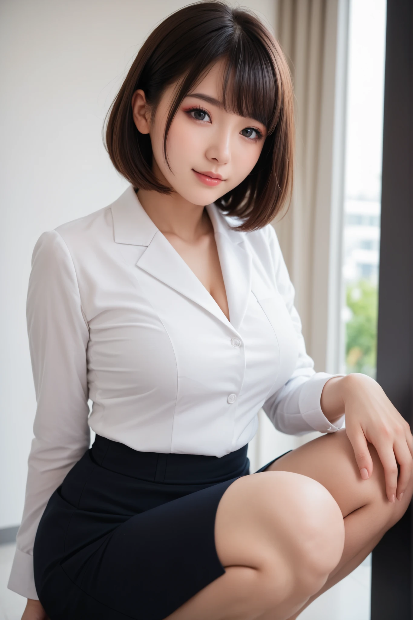 ((Best quality, 8k, Masterpiece: 1.3, raw photo)), Sharp focus: 1.2, (1 AESPA girl: 1.1), (realistic, photo-realistic:1.37), face focus, cute face, small breasts, flat chested, brunette short messy hair, kindness, sitting in a train seat, white shirt, business skirt, sunlight, cinematic lighting