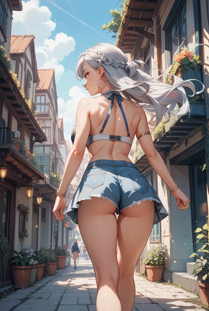 grassy fields、blue open sky、White cumulonimbus clouds、The steppe grass sways in the wind、Photoquality、Live action、Realisticity、Transparency、Realistic depiction、8K quality、NFFSW、Digital SLR、high high quality、Film grains、富士XT3、Big eyes、A beautiful slender woman stood，She smiled and walked towards her destination， Behind her，Green savannah stretches，The most suitable effect for this scene is the watercolor technique，25 age old，musculous，perfect body figure，Large of breast，The neckline is large，light blue  eyes，A sexy pose，Perfect proportions, Watching from behind，Ultra-light blue eyes， (((white hair with braid))), long eyelashes heavy makeup, a garter belt, Chest-high vest，Stand with your legs spread out，Cocked buttocks，Light orange tight shorts，The material of the clothing is ultra-thin,Light orange clothes,Watching from behind