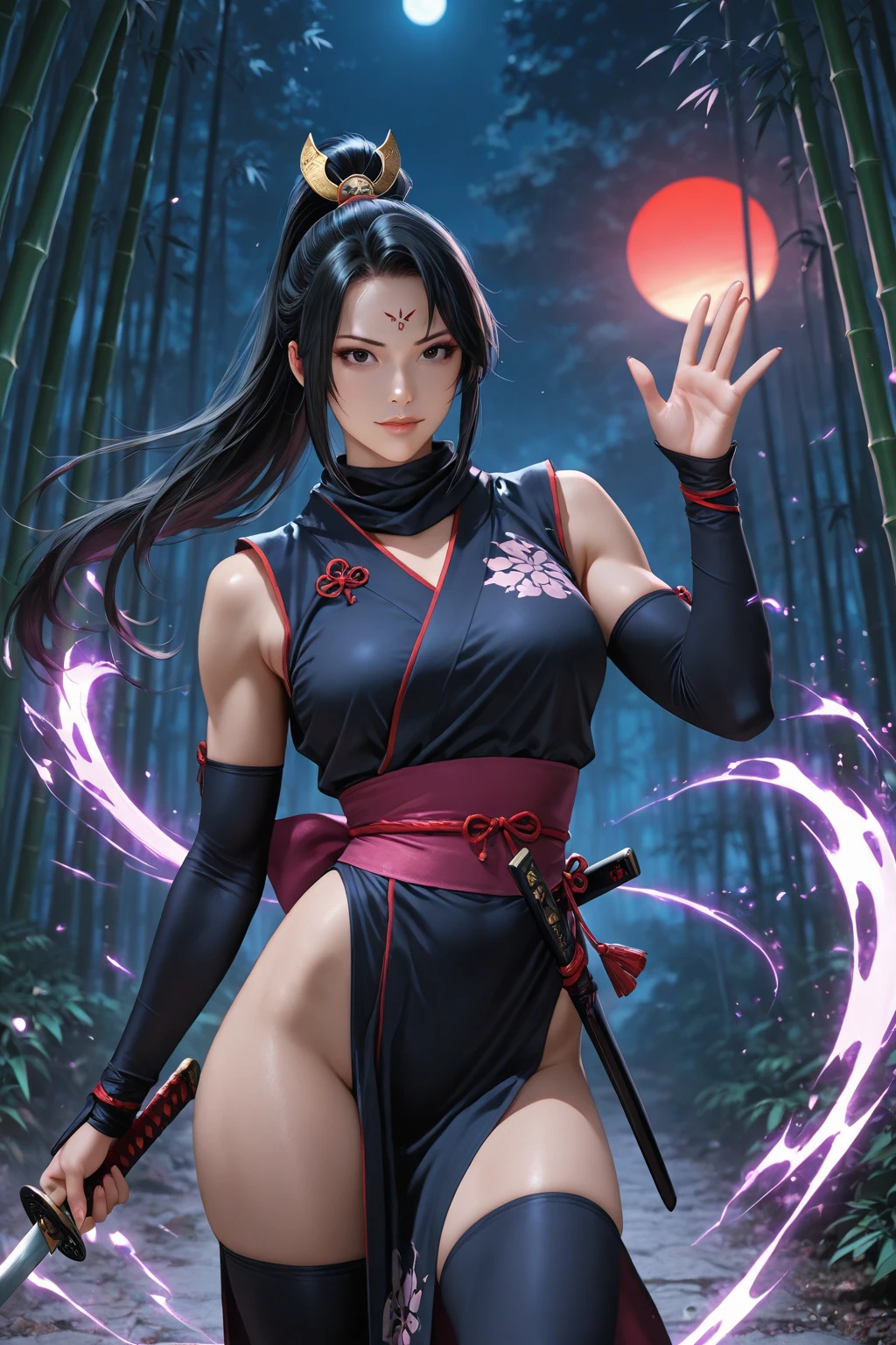 Ahri da league of legends,(best qualityer,4K,8k,high resolution, work of art:1.2)(weather: moonlight), Japanese female, magical forest background, black and red korean kimono dress, cleavage, magical sphere, cute makeup, thigh high boots, belt, long silver hair, braided hair, fox ears, multiple fox tails, freckles, ultra detailed, realistic, portrait, beautiful detailed yellow eyes, beautiful detailed lips, extremely detailed eye and face, beautiful girl, long eyelashes, average, large breasts, beaming smile, bright coloured, dramatic lighting,