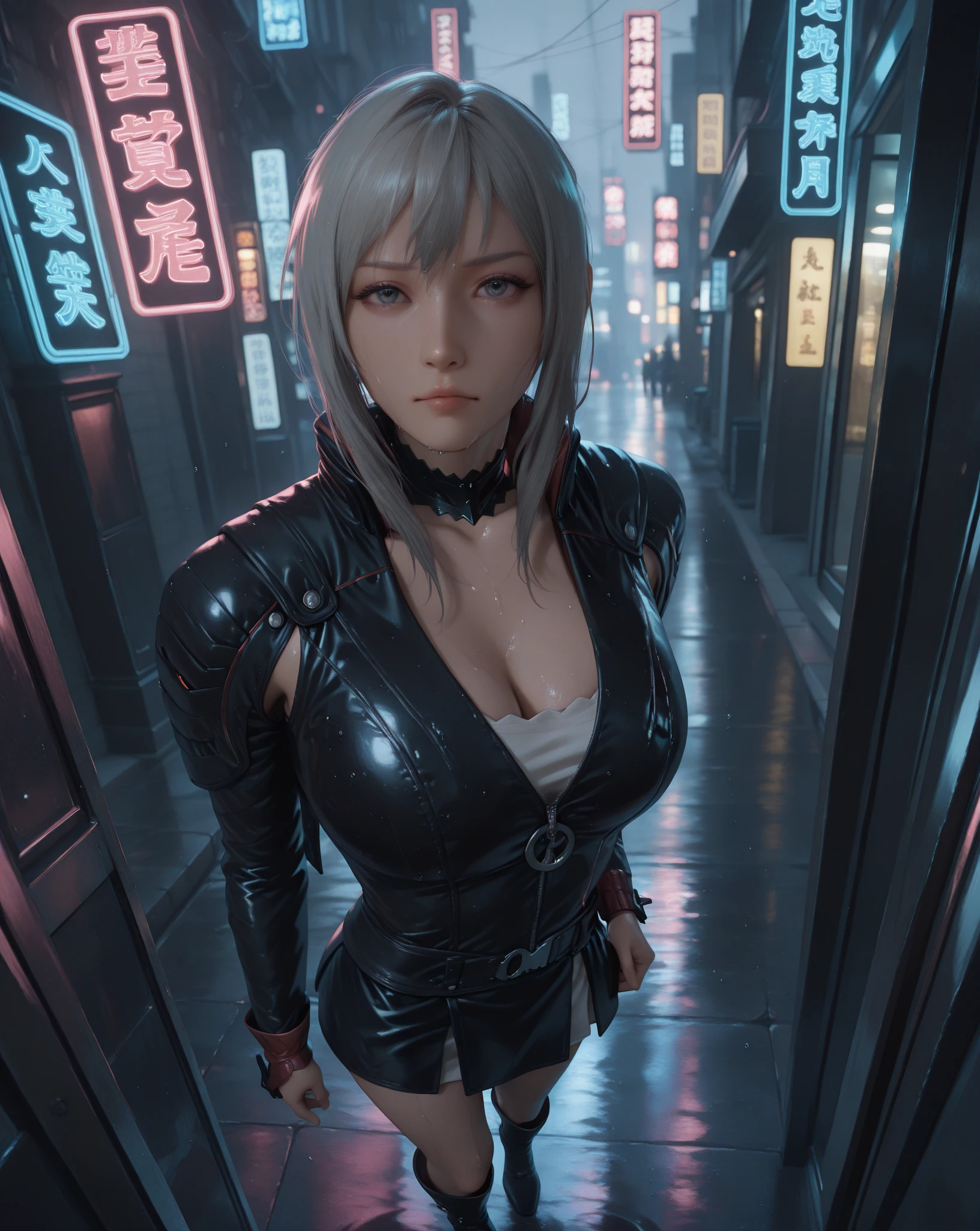 lucy_cyberpunk, cowboy shot, 1 sweet girl,white short hair, bangs,(gigantic breasts:1.5) ((red eyeliner)), ((makeup)),red lips, white off-shouler jacket, black bodysuit, bare shoulders, white shorts, hip vent, (dynamic pose), looking at viewer, upper body,fantasy, high contrast,cityscape, neon lights, neon trim, ((cyberpunk)) sitting, spreading, legs wide open, , , ((huge perky breasts, deep cleavage 1.8, thick thighs, )) hand on crotch, cameltoe 1.8,