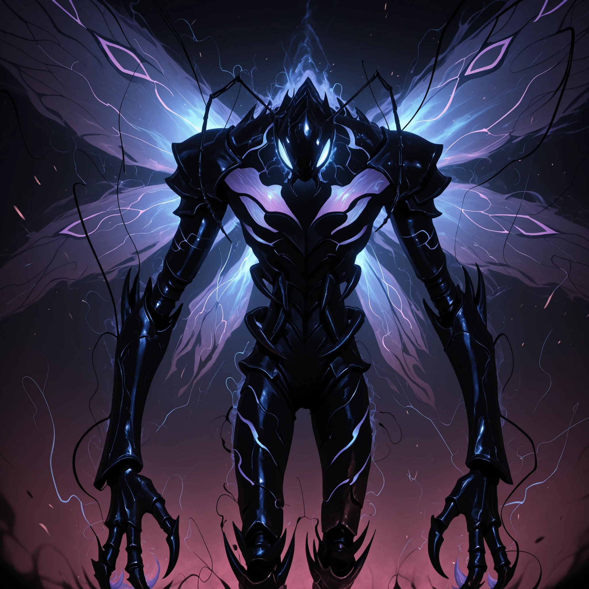 "Epic anime artwork of Beru standing menacingly in a battle-ready pose, surrounded by vibrant neon violet, black, and electric blue aura, swirling shadow insect energy radiating intensely from his towering form, glowing bright violet eyes filled with predatory instinct, tall exoskeletal armored body illuminated with neon highlights, razor-sharp claws and wings pulsing with shadow energy, dynamic swirling shadow currents and slashing insectoid energy spiraling around him, floating glowing particles and electric sparks in the air, cinematic lighting, hyper detailed, ultra realistic, 8K resolution, dark moody background with stormy shadow vortex effects and dimensional distortions, highly stylized anime art" 3D
