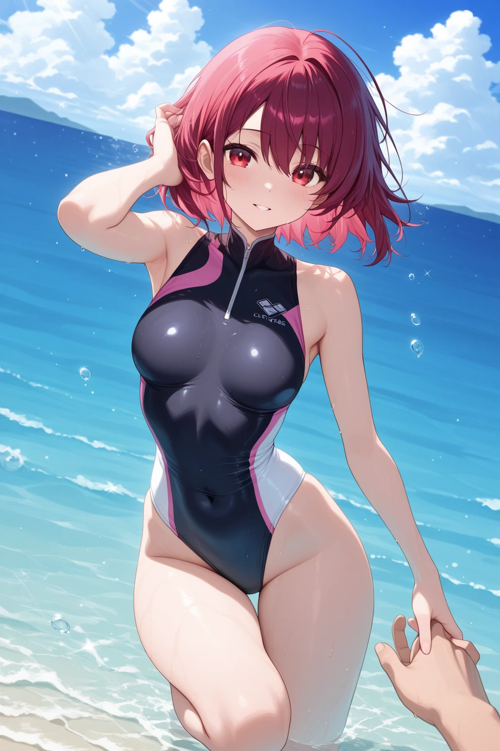 (masterpiece:1.5)、very detailed face and eyes、(Photorealsitic:1.2)、ultra-quality、animesque、charming anime girls、Smooth Anime CG Art、(((solofocus)))、1girl in、Angle seen from directly below、(((Competitive swimsuit)))、(((areola showing through)))、((The shape of the pubic area is clearly visible))、bare-legged、(((Sweat)))、((sodden))、(slender)、Teary-eyed、((is crying))、((One eye is closed))、((Put your arms behind your body))、red blush、embarassed expression、(((Leakage of urine from the genitals)))、((Excretion of urine))、(((Peeing)))、(((spread legs wide)))、Poses to show off、(((to close range)))、Open mouth、(((the beach)))、beach、outside of house、blue-sky、((firmament))、sunny sky、sunlights、(((Enlarge your face)))